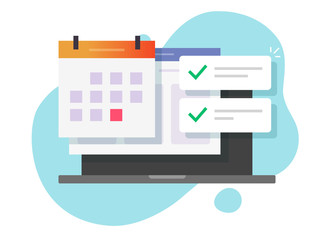 Online website calendar page list with important day or internet schedule deadline agenda reminder notification tasks on laptop computer vector flat cartoon, illustration of pc web organizer app