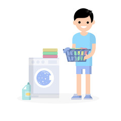 Man in the blue dress with folded clothes in his hands next to a washing machine and detergent. Cartoon flat illustration