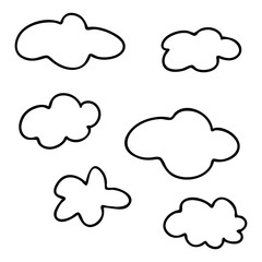 Set of different clouds made in the style of Doodle art. Vector linear illustration isolated on a white background.