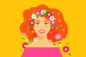 Happy woman in a flower wreath. Spring flower arrangement and a beautiful smiling girl. The concept of joy and happiness for a postcard, flyer or poster. Vector illustration.