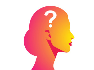 Silhouette of a woman with a question mark. The concept of a difficult decision, many questions, lack of knowledge, problems and misunderstandings. Vector illustration.
