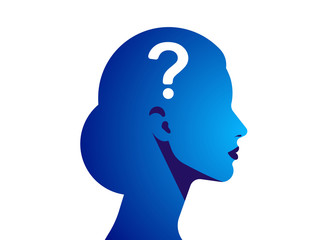 Silhouette of a woman with a question mark. The concept of a difficult decision, many questions, lack of knowledge, problems and misunderstandings. Vector illustration.