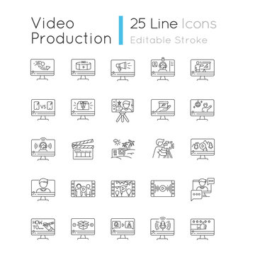 Video production pixel perfect linear icons set. Informational and entertainment videography. Customizable thin line contour symbols. Isolated vector outline illustrations. Editable stroke