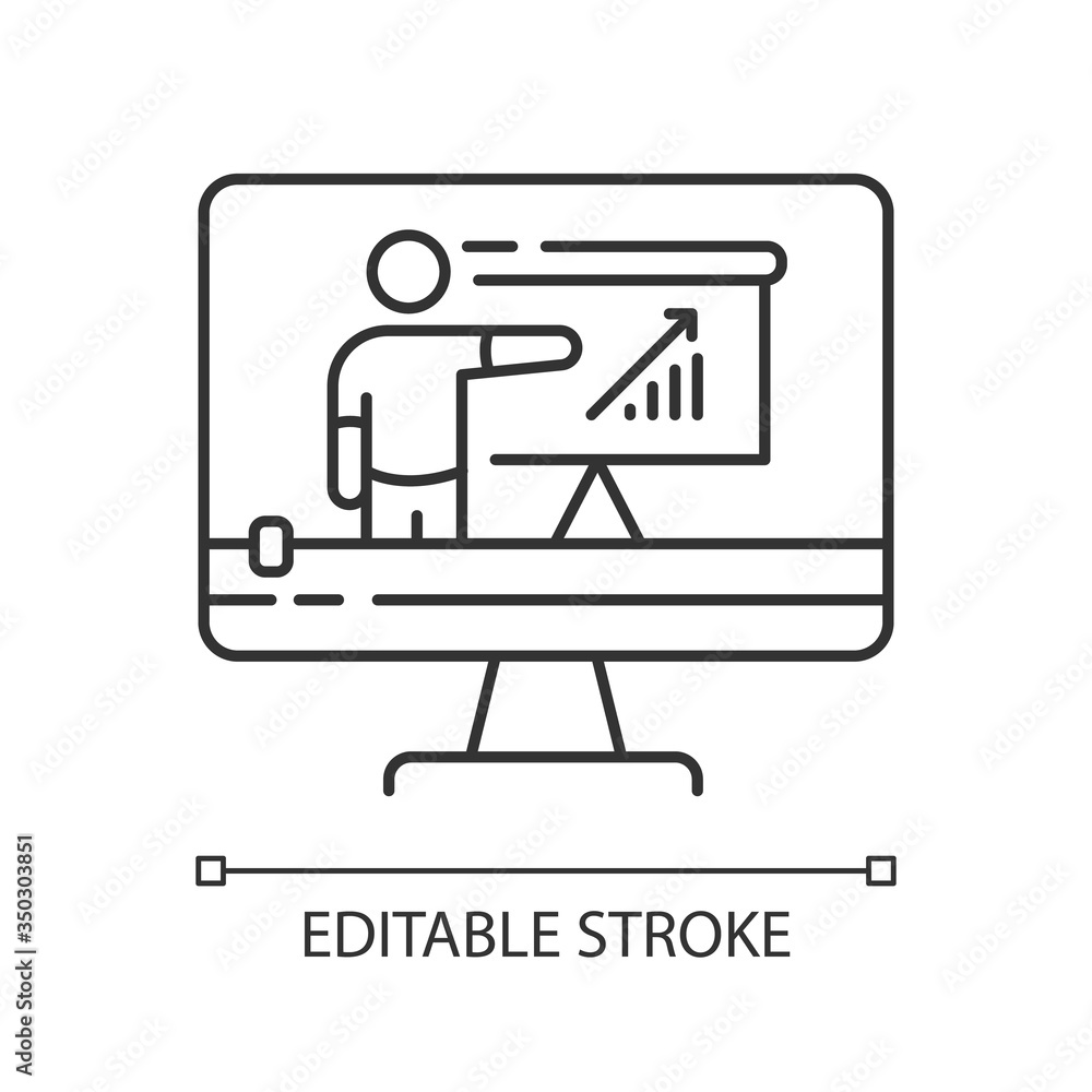 Poster Tutorial video pixel perfect linear icon. Internet course. Online teaching. Digital lesson. Thin line customizable illustration. Contour symbol. Vector isolated outline drawing. Editable stroke