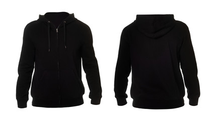 Black hooded sweatshirt on white background. Front view, back view