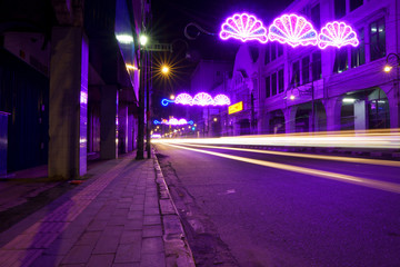 Fototapeta na wymiar The light trails on the street in Medan City at night