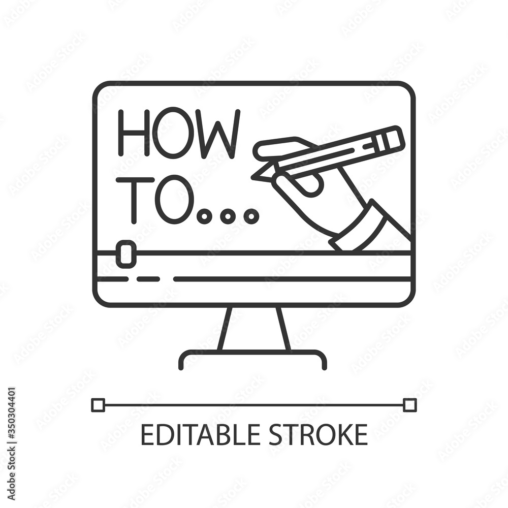 Poster explainer video pixel perfect linear icon. internet course watching. online teaching. thin line cust