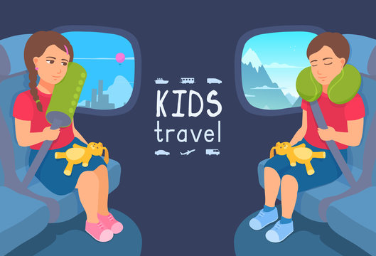 A cute girl and a boy sitting in an airplane chair with a safety seat belt and a neck pillow. Comfortable journey, safe travel. A kid traveling by plane. Child sleeping. Landscape view in the window.