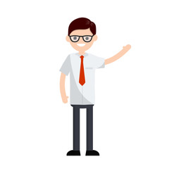 Cartoon flat illustration - young office guy in white shirt and red tie waving hand. happy man company employee. Hand gesture.
