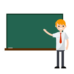 School teacher stands near blackboard. Lecturer in College in classroom. Clean chalkboard for chalk text. Element of Cabinet. Profession at University. man in the suit. Cartoon flat illustration