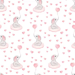 Gardinen Baby-Elefant-Tier und rosa Herzen Aquarell nahtlose Muster. Digitales Papier für Stofftextilien und Kinderzimmer. © tanialerro