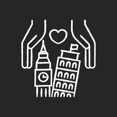 Landmark preservation chalk white icon on black background. Tourism service. Travel across Europe. Protection of architecture. Building restoration. Isolated vector chalkboard illustration