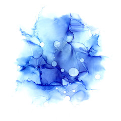 Delicate abstract hand drawn watercolor or alcohol ink background in blue tones. Raster illustration.