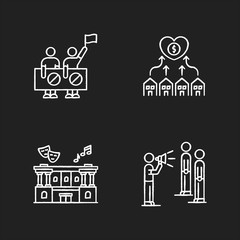 Social life chalk white icons set on black background. Human right protection. Cultural center. Public broadcasting. Volunteering for assistance. Isolated vector chalkboard illustrations