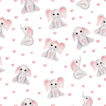 Seamless pattern with baby girl elephant and pink hearts. Watercolor hand painted illustration digital paper.