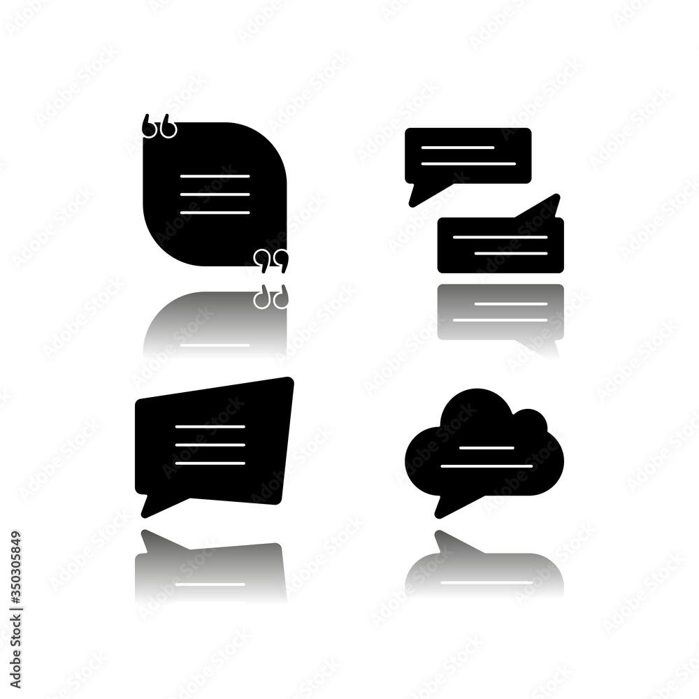 Poster textbox drop shadow black glyph icons set. empty group chat and feedback box. blank speech bubbles. 