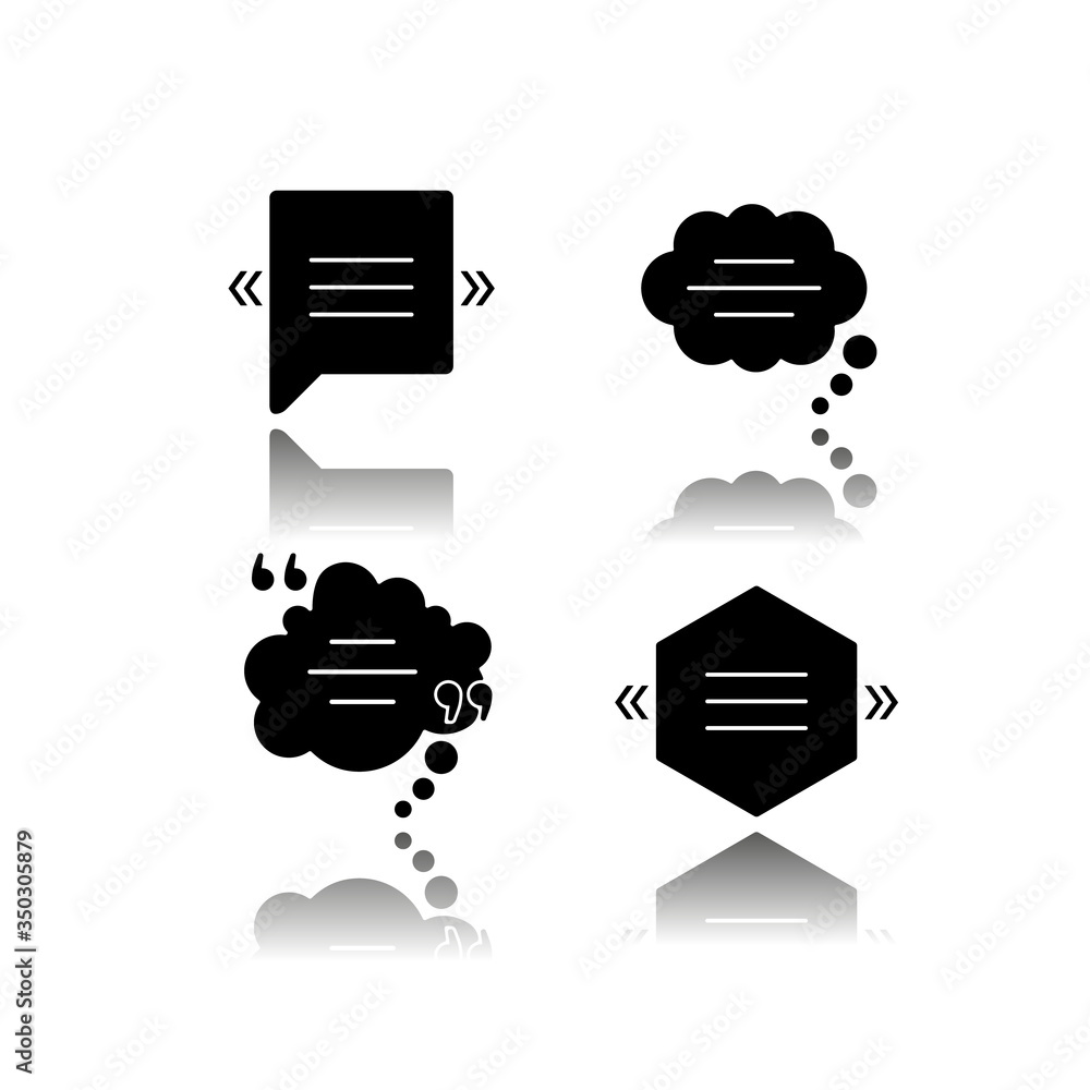 Poster chat bubble with quotation marks drop shadow black glyph icons set. textbox with copyspace. empty dr