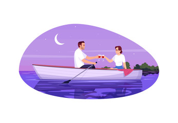 Adult couple semi flat vector illustration. Boyfriend and girlfriend. People flirting in boat. Man and woman drink wine together. Romantic night date 2D cartoon characters for commercial use