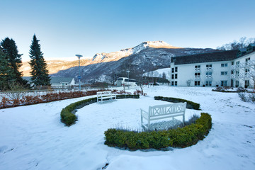 FLAM, NORWAY -  20th Feb, 2018: The train stops at the flam station. The Flam Line is between Myrdal and Flam in Aurland, Norway, the mainline of the Bergen Line.
