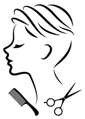 Silhouette of a cute lady. The girl shows a hairstyle on medium and long hair and scissors. Suitable for logo, hairdresser advertising. Vector illustration.