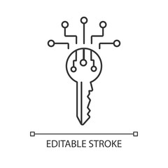 Digital key pixel perfect linear icon. Personal information security. Electronic key. Thin line customizable illustration. Contour symbol. Vector isolated outline drawing. Editable stroke