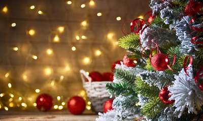 Rustic holiday background with christmas tree