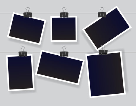 Blank instant photo frame set hanging on a clip. Black different forms empty vintage photoframe templates. Vector illustration isolated on grey background.