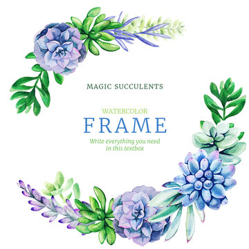 Watercolor wreath frame composed of bright full color succulents