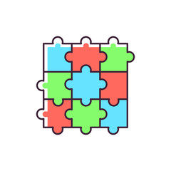 Jigsaw puzzle RGB color icon. Traditional intellectual pastime, educational leisure game. Recreational activity. Combined puzzle pieces isolated vector illustration