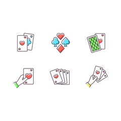 Card games RGB color icons set. Traditional competitive game, gambling. Cards of different suits, diamonds, clubs, hearts and spades. Isolated vector illustrations
