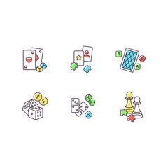 Gambling and intellectual games RGB color icons set. Entertainment. Games of chance and logic. Cards, dominoes, puzzles and chess. Isolated vector illustrations