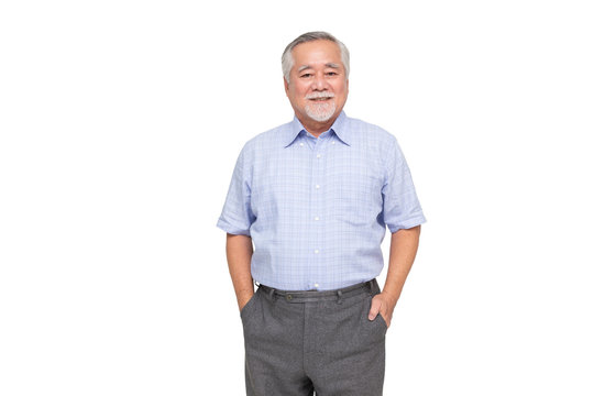 Portrait Of Senior Asian Man Smile Isolated Over White Background, Mature Businessman Smiling And Looking At Camera, Happy Feeling Concept