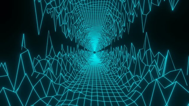 Two wireframe grids create the illusion of a tunnel. Modern background with a polygonal texture. Seamless loop.