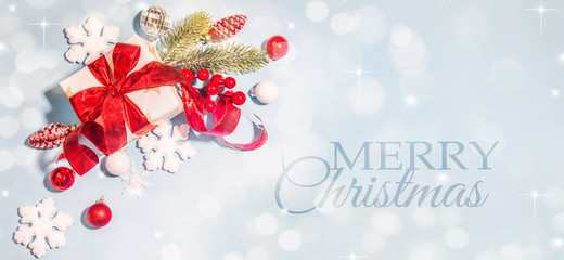 Merry Christmas and Happy New Year, Holidays greeting card with blurred bokeh background