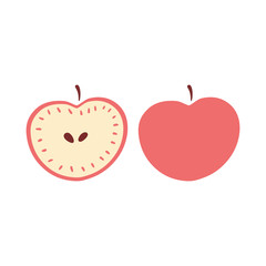 Half of an Apple isolated on a white background. Two types of Apple whole without shadows and half with a stone. Pink Apple with a branch.