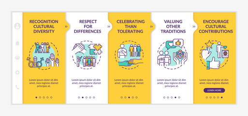 Multi racial empowerment onboarding vector template. Respect for cultural difference. Tradition value. Responsive mobile website with icons. Webpage walkthrough step screens. RGB color concept
