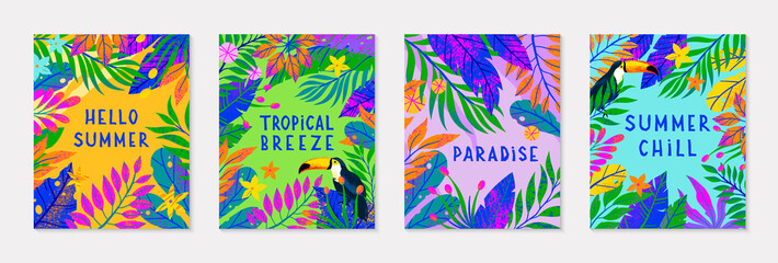 Bundle of summer vector illustration with bright tropical leaves,flowers and toucan.Multicolor plants with hand drawn texture.Exotic backgrounds perfect for prints,banners,invitations,social media