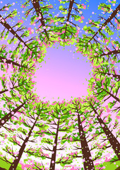 Spring forest background with stylized trees.