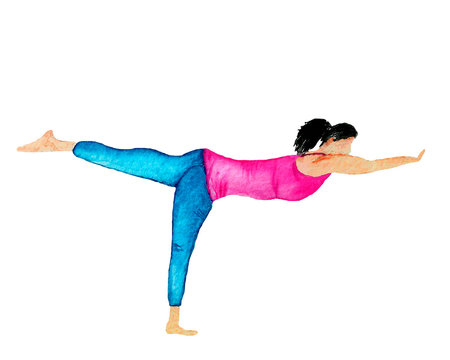 Watercolor illustration of a girl doing yoga at home. Online yoga and fitness classes at home. Suitable for illustrating training sites.