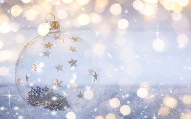 Merry Christmas and Happy New Year, Holidays greeting card with blurred bokeh background