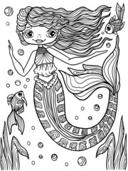 mermaid girl coloring book anti-stress for children and adults isolate on a white background cute character with fish sketch ornament outline vector illustration page poster print for t-shirt tattoo