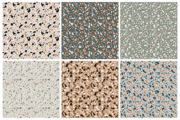 Set of terrazzo background textures. Vector seamless patterns. Natural stone, glass, quartz, concrete, marble. Classic italian type of floor. Terrazzo design elements. - 350313293