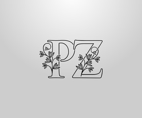 Beautiful P, Z and PZ Letter logo. Graceful Floral Flower Alphabet Mark for book design, letter stamp, weeding card, Restaurant, Boutique, Hotel.