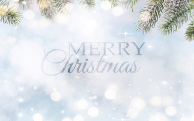 Merry Christmas and Happy New Year, Holidays greeting card with blurred bokeh background