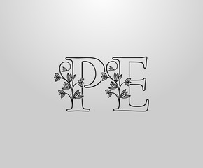 Beautiful P, E and PE Letter logo. Graceful Floral Flower Alphabet Mark for book design, letter stamp, weeding card, Restaurant, Boutique, Hotel.