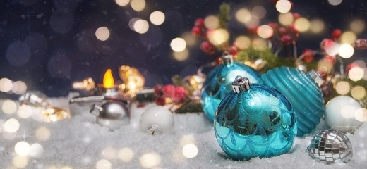 Merry Christmas and Happy New Year, Holidays greeting card with blurred bokeh background