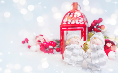 Merry Christmas and Happy New Year, Holidays greeting card with blurred bokeh background