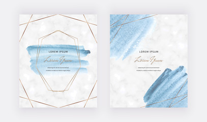 Blue watercolor brush stroke cards with golden polygonal lines frames. Trendy marble templates for wedding invitation, banner, flyer, poster, greeting.
