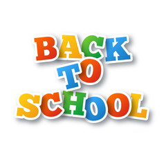 Back to school vector typography. Colorful inscription for new academic year beginning on white background. Welcoming pupils greeting card. Study accessories sale promotional poster design layout