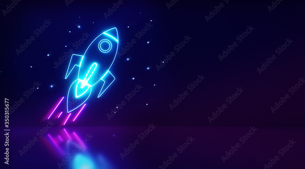 Poster rocket launch and stars light with background dark. startup digital neon light, elements of space se
